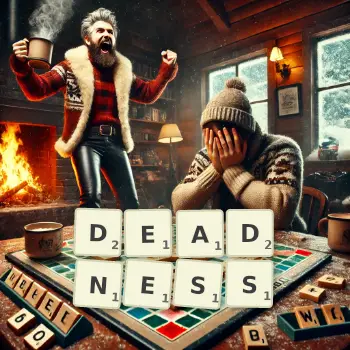 Creative illustration for a Scrabble game with the word DEADNESS spelled out in tiles on the board.