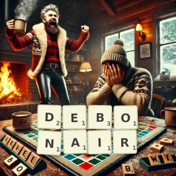 Creative illustration for a Scrabble game with the word DEBONAIR spelled out in tiles on the board.