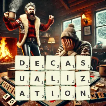 Creative illustration for a Scrabble game with the word DECASUALIZATION spelled out in tiles on the board.