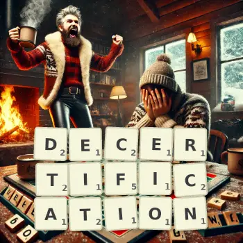 Creative illustration for a Scrabble game with the word DECERTIFICATION spelled out in tiles on the board.