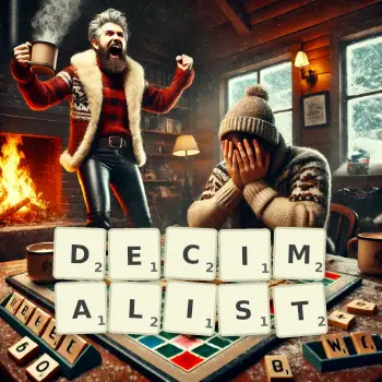 Creative illustration for a Scrabble game with the word DECIMALIST spelled out in tiles on the board.