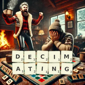 Creative illustration for a Scrabble game with the word DECIMATING spelled out in tiles on the board.