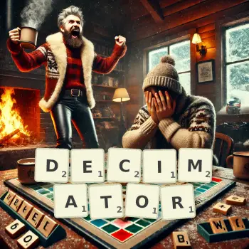 Creative illustration for a Scrabble game with the word DECIMATOR spelled out in tiles on the board.