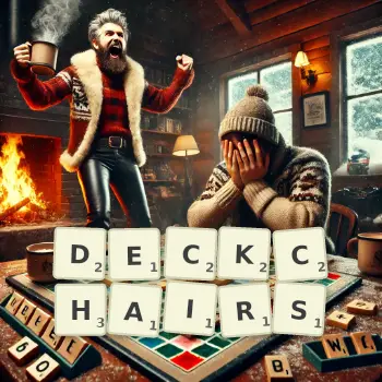 Creative illustration for a Scrabble game with the word DECKCHAIRS spelled out in tiles on the board.