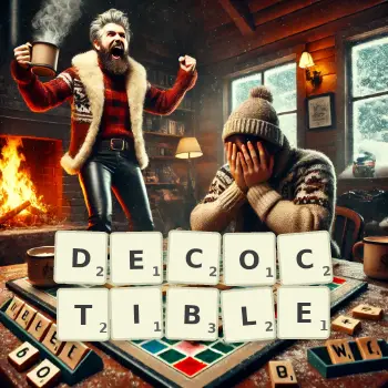 Creative illustration for a Scrabble game with the word DECOCTIBLE spelled out in tiles on the board.