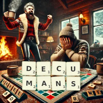 Creative illustration for a Scrabble game with the word DECUMANS spelled out in tiles on the board.
