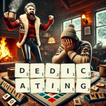 Creative illustration for a Scrabble game with the word DEDICATING spelled out in tiles on the board.