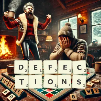 Creative illustration for a Scrabble game with the word DEFECTIONS spelled out in tiles on the board.