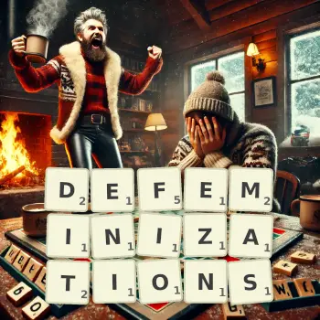 Creative illustration for a Scrabble game with the word DEFEMINIZATIONS spelled out in tiles on the board.