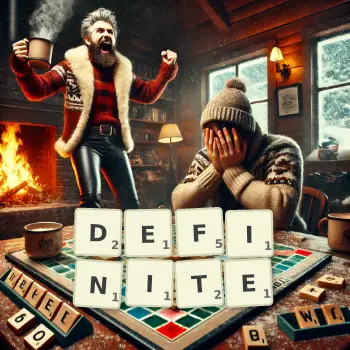 Creative illustration for a Scrabble game with the word DEFINITE spelled out in tiles on the board.