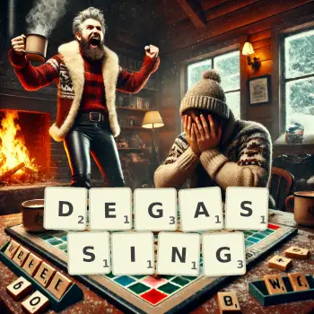 Creative illustration for a Scrabble game with the word DEGASSING spelled out in tiles on the board.