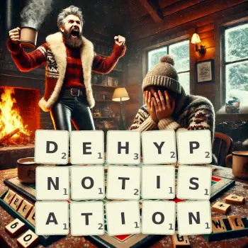 Creative illustration for a Scrabble game with the word DEHYPNOTISATION spelled out in tiles on the board.