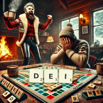 Creative illustration for a Scrabble game with the word DEI spelled out in tiles on the board.