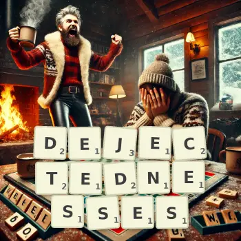 Creative illustration for a Scrabble game with the word DEJECTEDNESSES spelled out in tiles on the board.