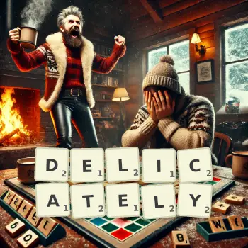 Creative illustration for a Scrabble game with the word DELICATELY spelled out in tiles on the board.