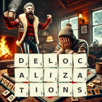Creative illustration for a Scrabble game with the word DELOCALIZATIONS spelled out in tiles on the board.