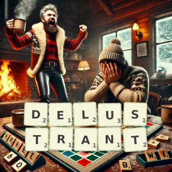 Creative illustration for a Scrabble game with the word DELUSTRANT spelled out in tiles on the board.
