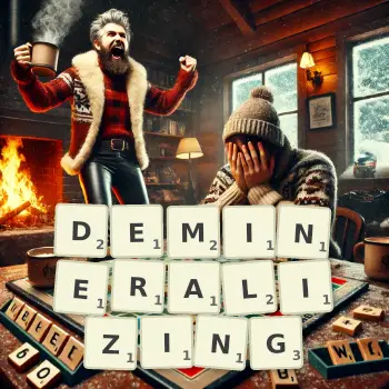 Creative illustration for a Scrabble game with the word DEMINERALIZING spelled out in tiles on the board.