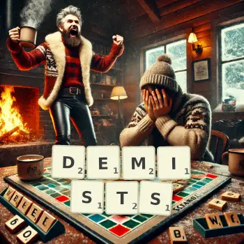 Creative illustration for a Scrabble game with the word DEMISTS spelled out in tiles on the board.