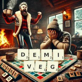 Creative illustration for a Scrabble game with the word DEMIVEG spelled out in tiles on the board.