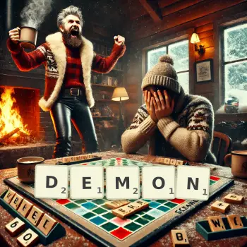 Creative illustration for a Scrabble game with the word DEMON spelled out in tiles on the board.