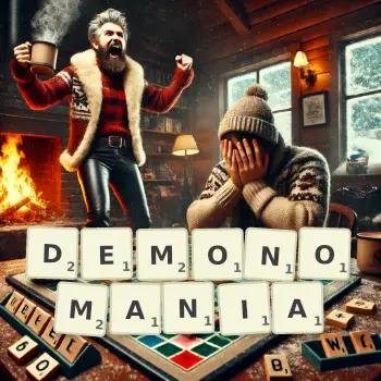 Creative illustration for a Scrabble game with the word DEMONOMANIA spelled out in tiles on the board.