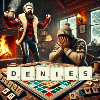 Creative illustration for a Scrabble game with the word DENIES spelled out in tiles on the board.