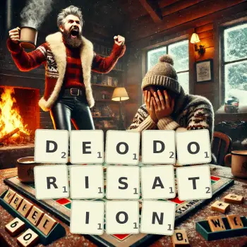 Creative illustration for a Scrabble game with the word DEODORISATION spelled out in tiles on the board.