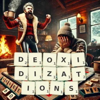 Creative illustration for a Scrabble game with the word DEOXIDIZATIONS spelled out in tiles on the board.