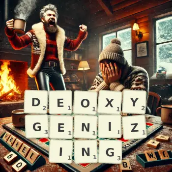 Creative illustration for a Scrabble game with the word DEOXYGENIZING spelled out in tiles on the board.