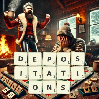 Creative illustration for a Scrabble game with the word DEPOSITATIONS spelled out in tiles on the board.