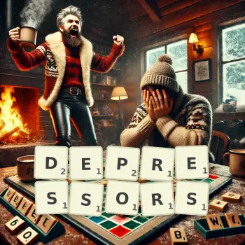 Creative illustration for a Scrabble game with the word DEPRESSORS spelled out in tiles on the board.