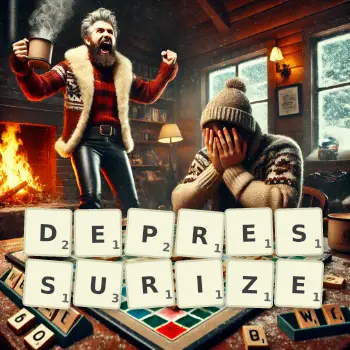 Creative illustration for a Scrabble game with the word DEPRESSURIZE spelled out in tiles on the board.