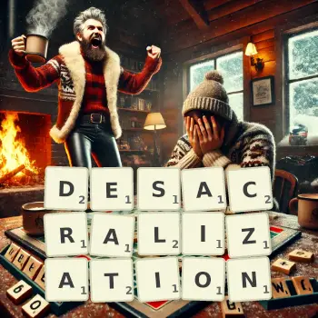 Creative illustration for a Scrabble game with the word DESACRALIZATION spelled out in tiles on the board.
