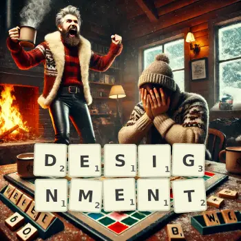 Creative illustration for a Scrabble game with the word DESIGNMENT spelled out in tiles on the board.