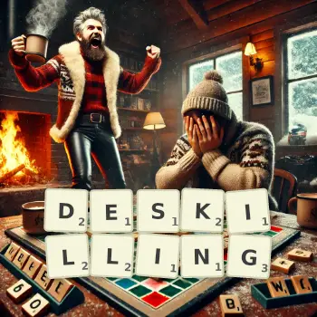 Creative illustration for a Scrabble game with the word DESKILLING spelled out in tiles on the board.