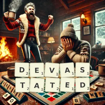 Creative illustration for a Scrabble game with the word DEVASTATED spelled out in tiles on the board.