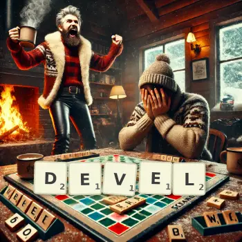 Creative illustration for a Scrabble game with the word DEVEL spelled out in tiles on the board.