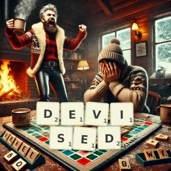 Creative illustration for a Scrabble game with the word DEVISED spelled out in tiles on the board.