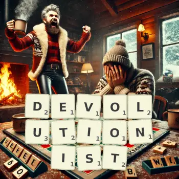 Creative illustration for a Scrabble game with the word DEVOLUTIONIST spelled out in tiles on the board.