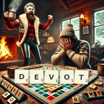 Creative illustration for a Scrabble game with the word DEVOT spelled out in tiles on the board.