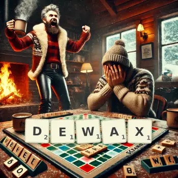 Creative illustration for a Scrabble game with the word DEWAX spelled out in tiles on the board.