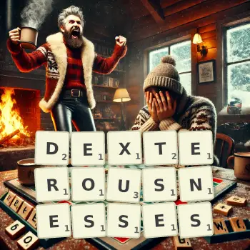 Creative illustration for a Scrabble game with the word DEXTEROUSNESSES spelled out in tiles on the board.