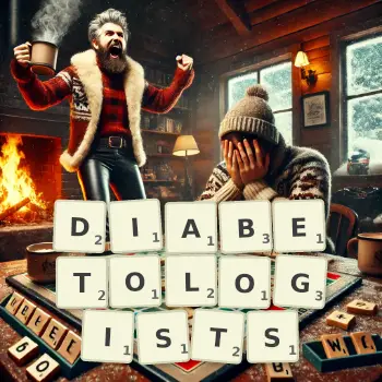 Creative illustration for a Scrabble game with the word DIABETOLOGISTS spelled out in tiles on the board.