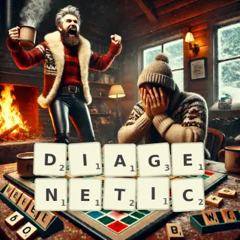 Creative illustration for a Scrabble game with the word DIAGENETIC spelled out in tiles on the board.
