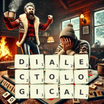 Creative illustration for a Scrabble game with the word DIALECTOLOGICAL spelled out in tiles on the board.