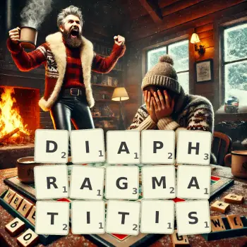 Creative illustration for a Scrabble game with the word DIAPHRAGMATITIS spelled out in tiles on the board.