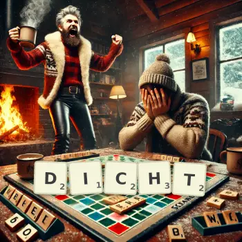 Creative illustration for a Scrabble game with the word DICHT spelled out in tiles on the board.