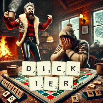 Creative illustration for a Scrabble game with the word DICKIER spelled out in tiles on the board.