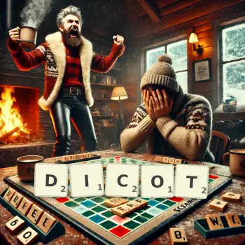 Creative illustration for a Scrabble game with the word DICOT spelled out in tiles on the board.
